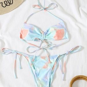 Tie Dye Drawstring Front Thong Bikini Swimsuit